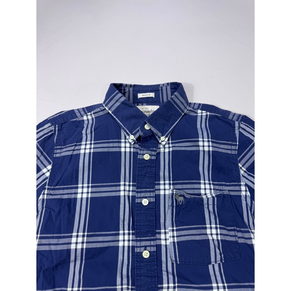 Abercrombie & Fitch Mens XL Muscle Fit Short Sleeve Plaid Button Down Shirt Blue